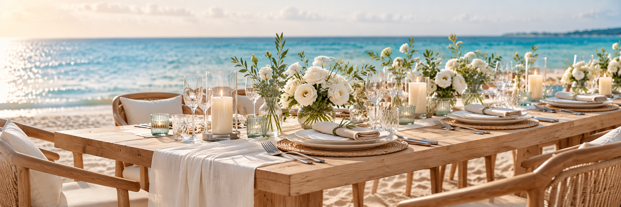An elegant beach dinner table with ivory linen, white flowers, crystal glassware and the Caribbean Sea beyond