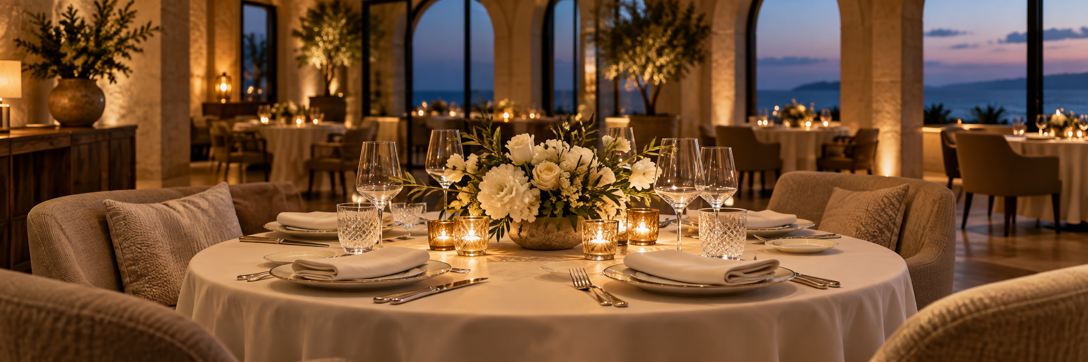 An elegant restaurant table with ivory linen, crystal glassware, white flowers and warm candlelight